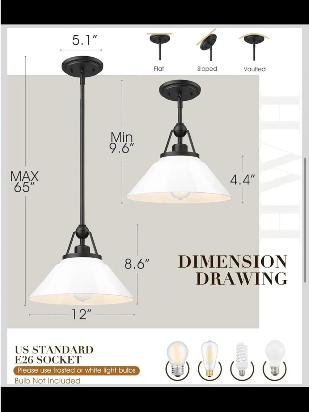 White Modern 12” Hanging Pendant Light Fixture - New in Box